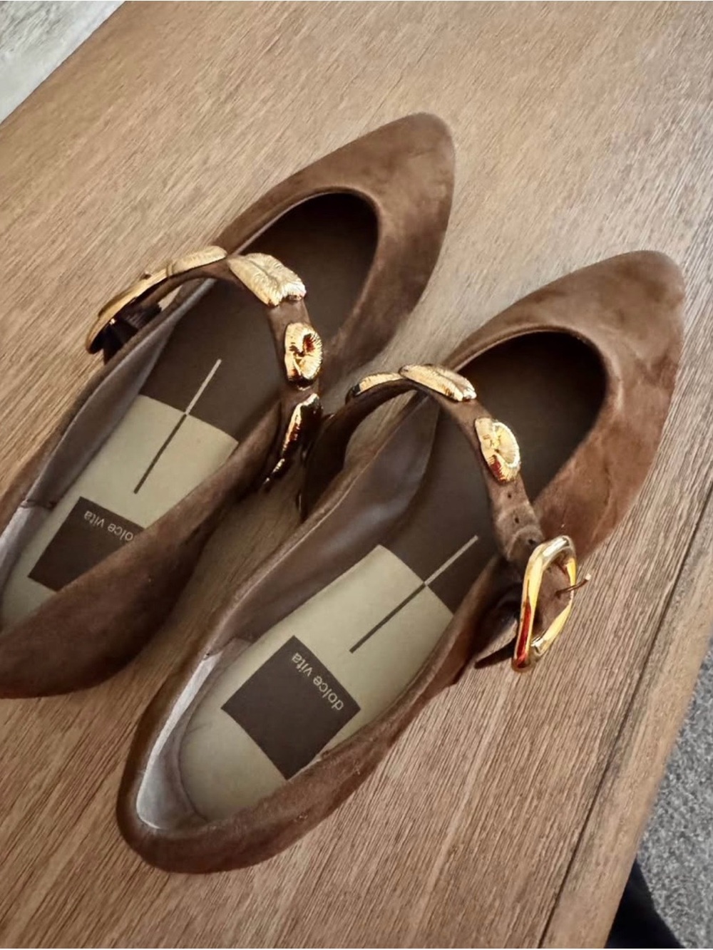 Dolce Vita Brown Suede Mary Jane Flats with Gold Buckle Detail